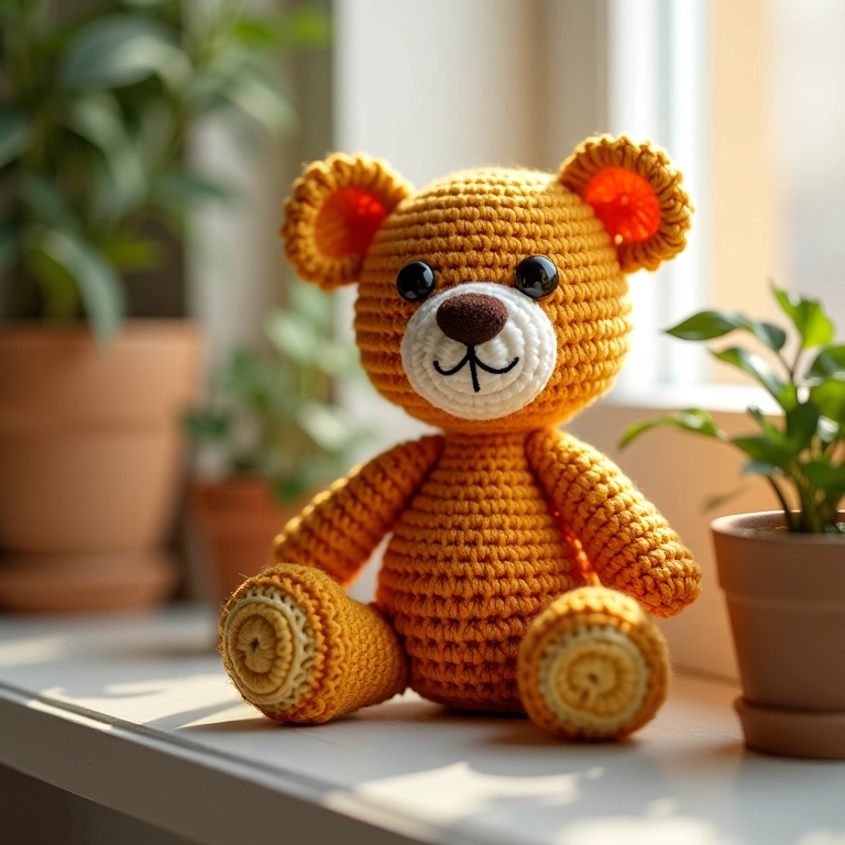 Urso de tecido amigurumi decorando uma prateleira.