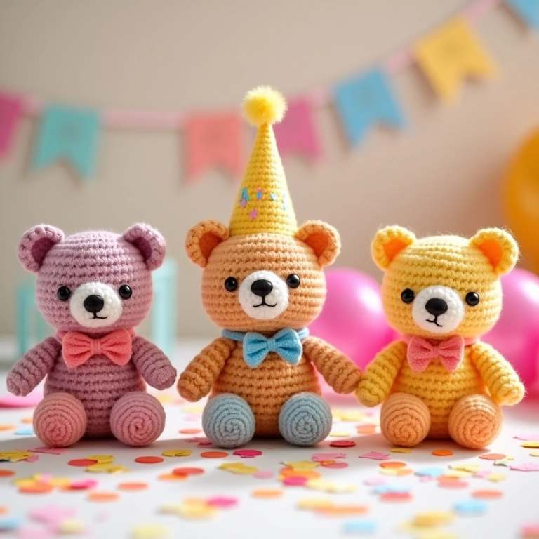 Ursos amigurumi como lembrancinhas de aniversário.