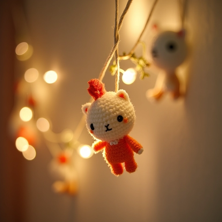 Varal de fotos com luzes e miniaturas de amigurumi penduradas.