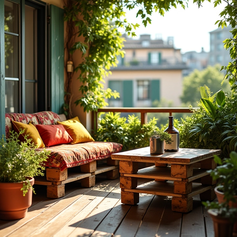 Varanda ensolarada com móveis de pallets reutilizados, almofadas coloridas e vasos de plantas.