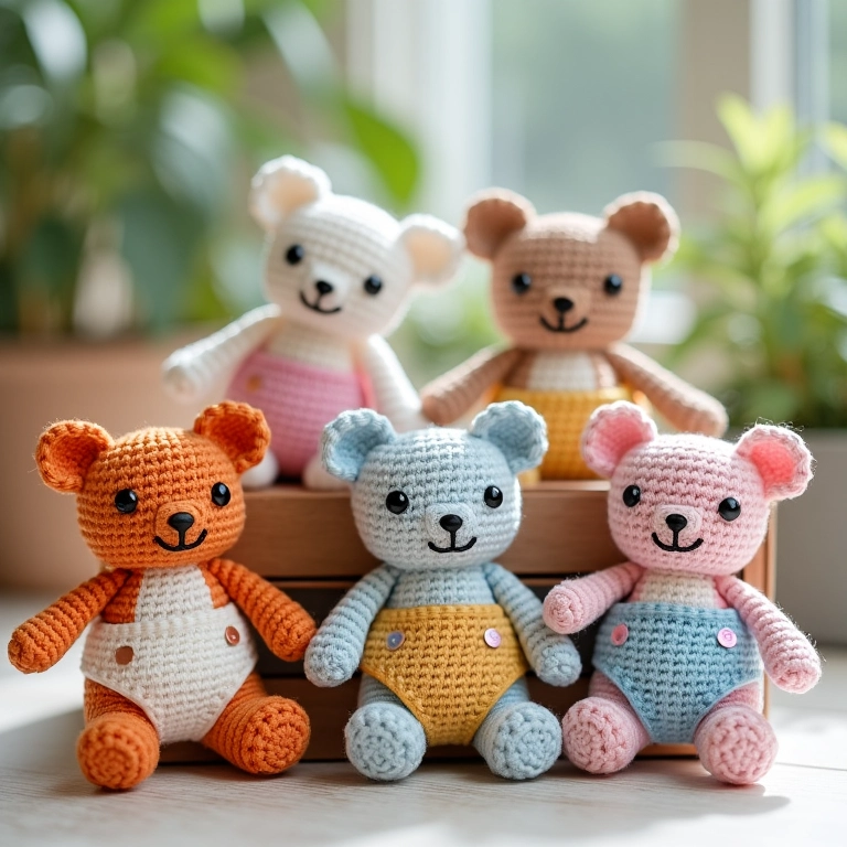 Várias fraldinhas de crochê com diferentes cores e detalhes criativos.