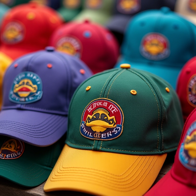 Lembrancinha boné personalizado: Um brinde de sucesso Variedade de bonés personalizados bordados em close-up, com designs e cores vibrantes.