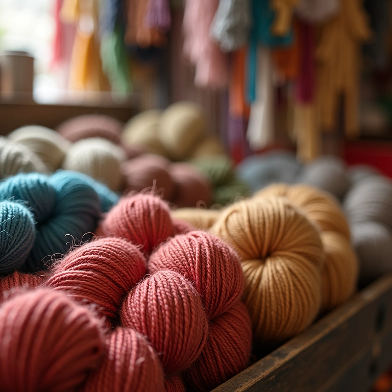 Variedade de fios e agulhas em loja de artesanato para crocheteiros.