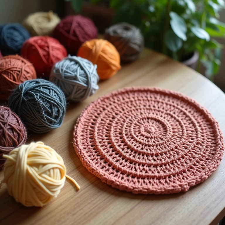 Variedade de fios para sousplat de crochê.