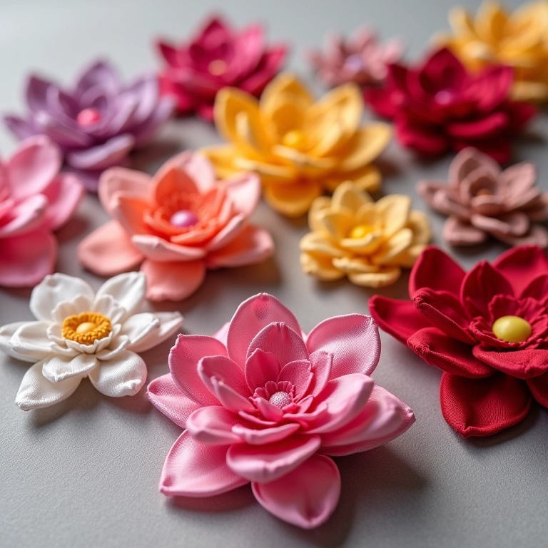 Variedade de fitas de cetim e flores em amigurumi.