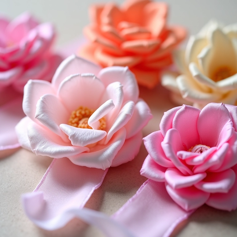 Variedade de fitas para flores de crochê.