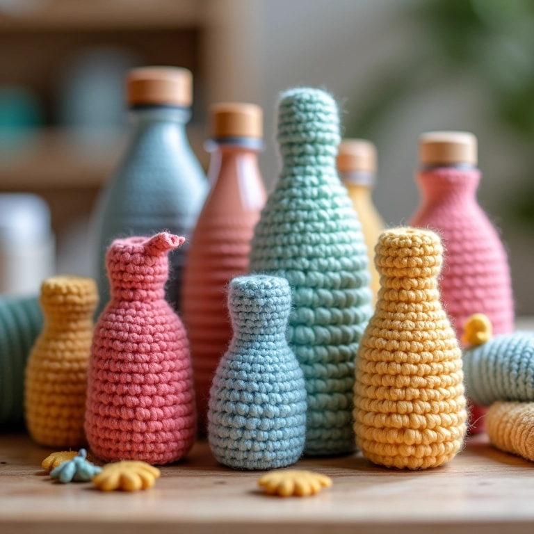 Variedade de garrafas PET em amigurumi, prontas para serem transformadas em vasos.