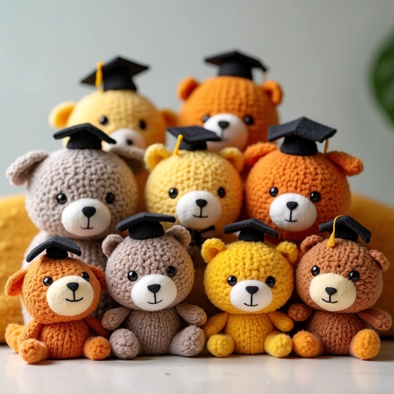 Variedade de itens de formatura de amigurumi exibidos juntos.