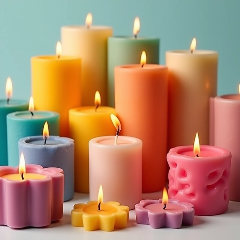 Variedade de velas coloridas e criativas feitas com cera de soja.