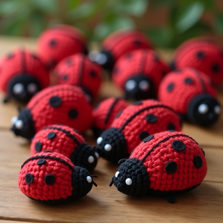 Vários amigurumis de joaninha, mostrando diversas opções criativas.