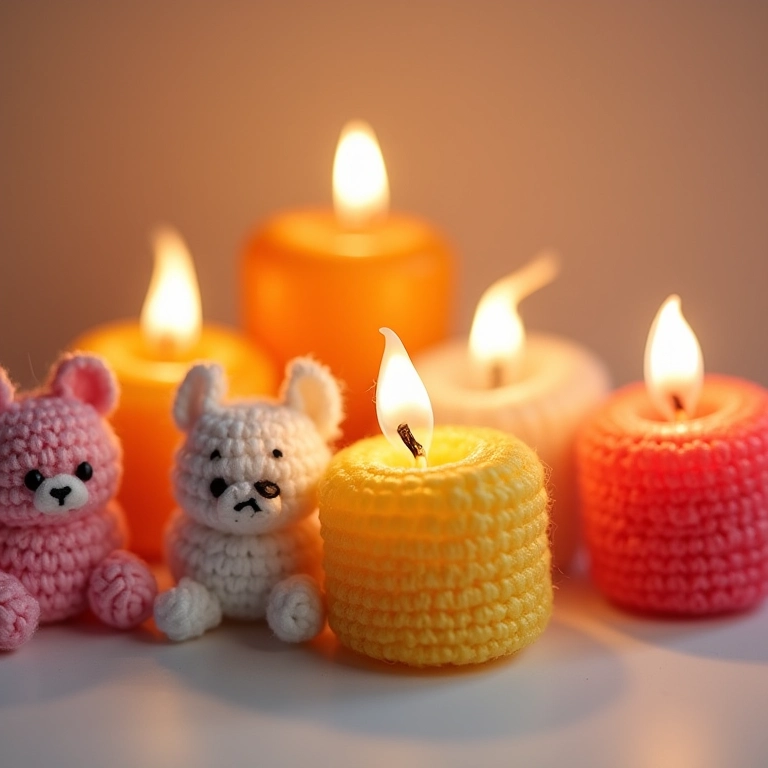 Vários amigurumis de velas coloridas.