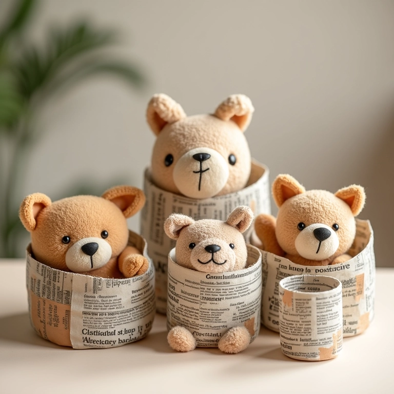 Vários cestos de jornal de amigurumi em diferentes formatos e tamanhos.