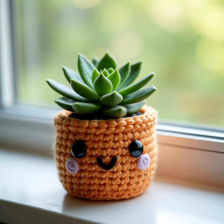 Vasinho decorado com capa de suculenta em amigurumi.