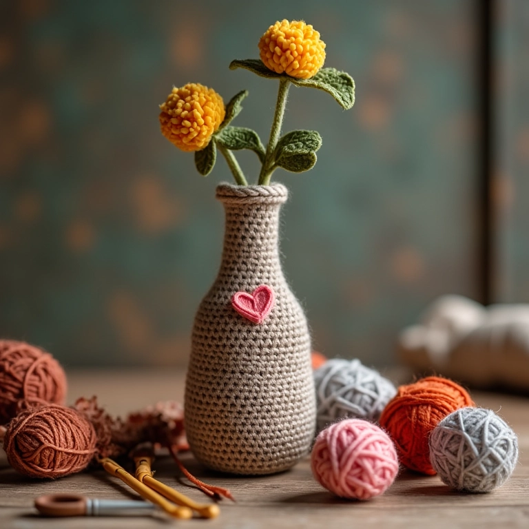 Vaso de amigurumi em forma de garrafa, feito de crochê.
