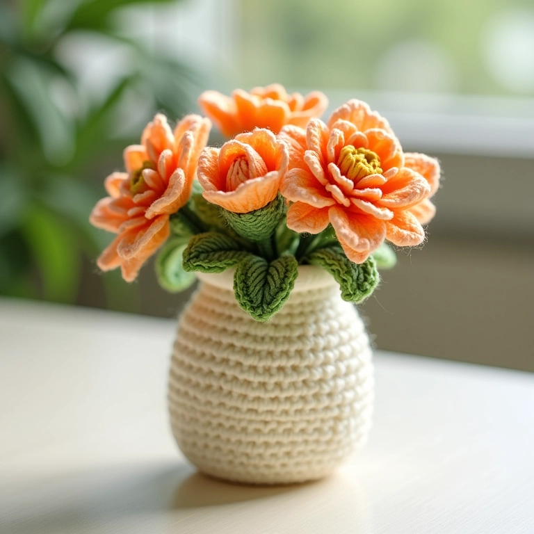 Vaso de crochê com decoupage floral.