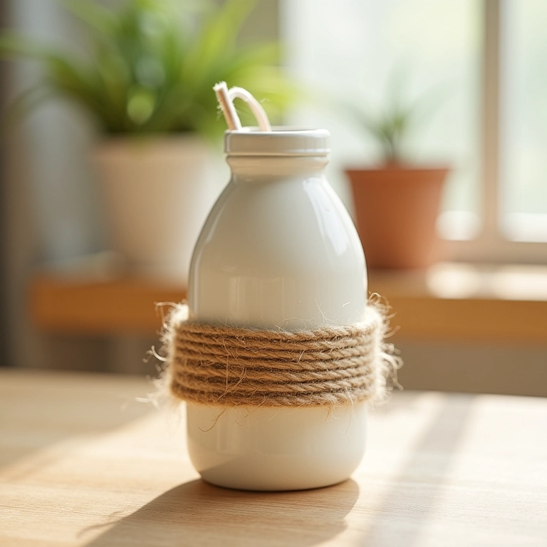 Vaso de crochê decorado com barbante.