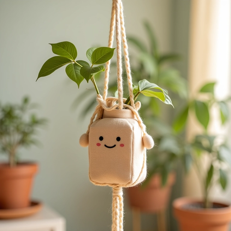 Vaso de crochê suspenso com macramê.