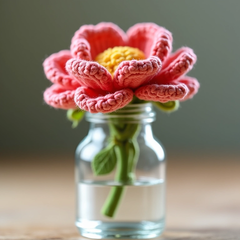 Vaso de flor feito de crochê dentro de uma garrafa de vidro.