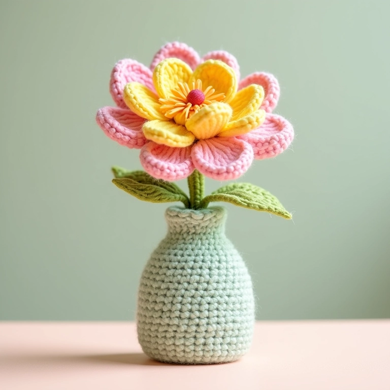 Vaso de flores de amigurumi feito com garrafa PET reciclada e capa de crochê em tons pastel.