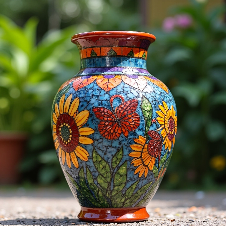 Vaso decorado com mosaico de pastilhas coloridas em um jardim.