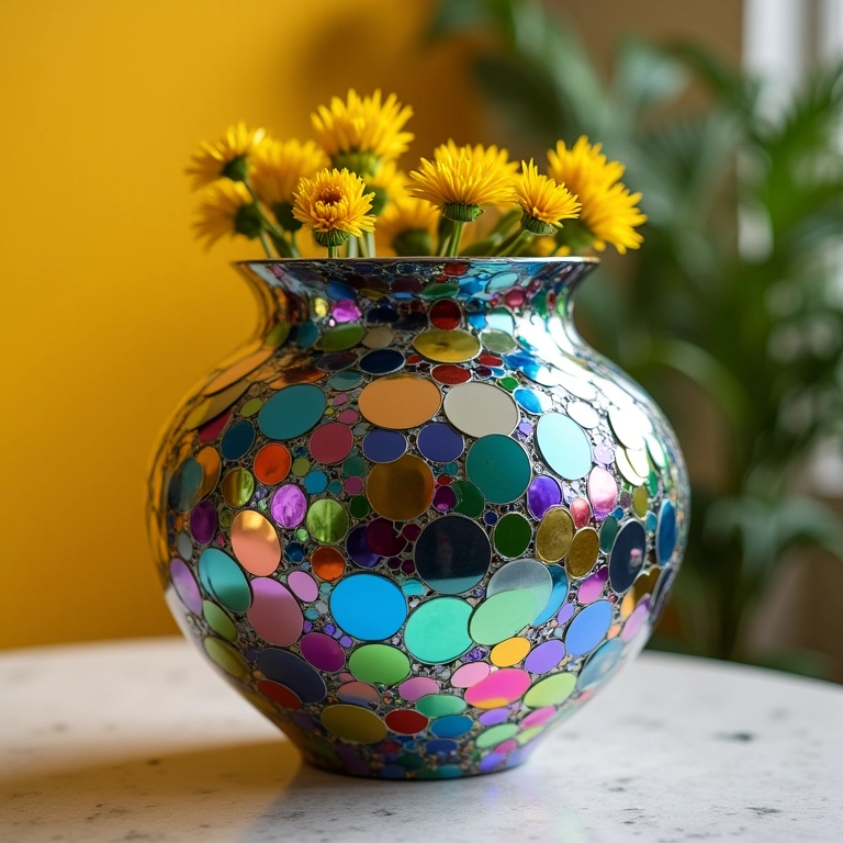 Vaso moderno revestido com pedaços de CD, textura única.
