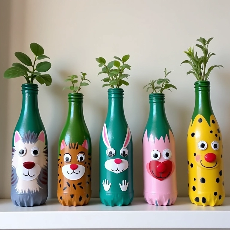 Vasos de garrafa pet pintados de forma criativa, com cores e designs diferentes.