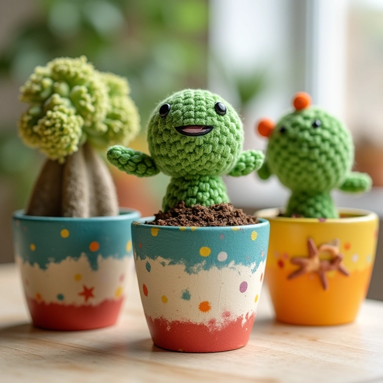 Vasos de plantas pintados e decorados com temas criativos e pequenos amigurumis.