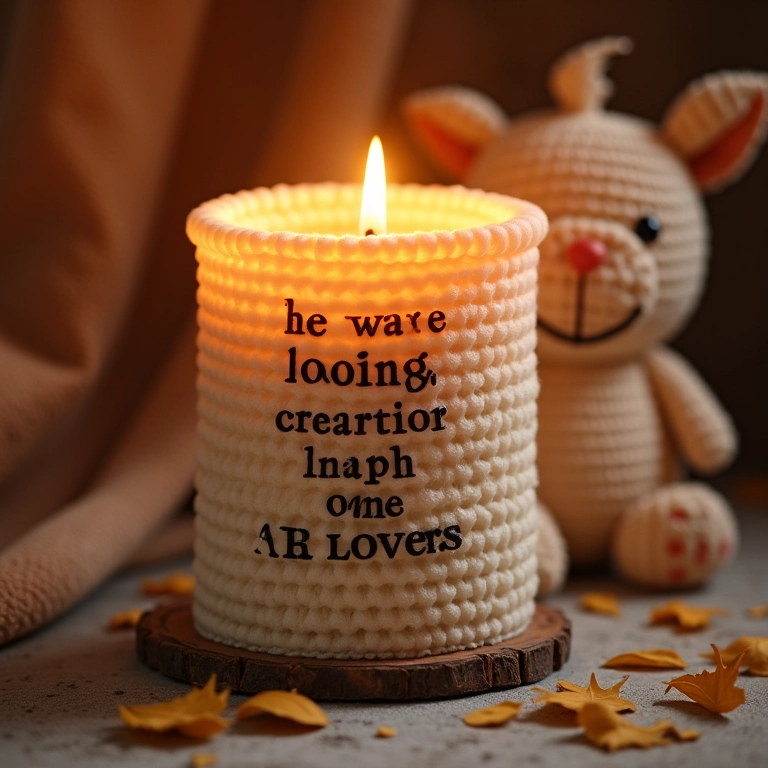 Vela aromática de crochê com mensagem inspiradora para lembrancinha de Crisma.