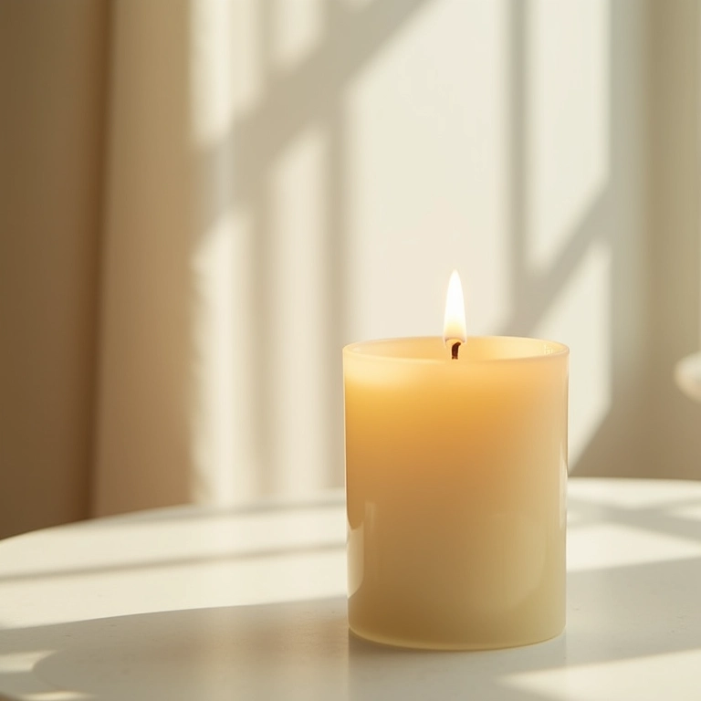Vela de cera de soja queimando limpa, sem fumaça, em ambiente iluminado.