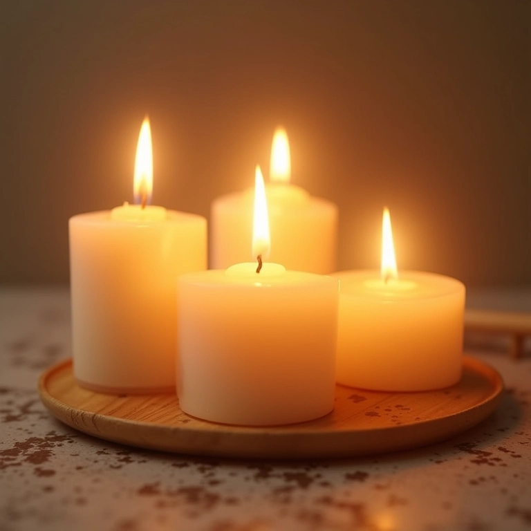 Velas aromáticas em biscuit com tema de batizado, iluminação suave e design artesanal.