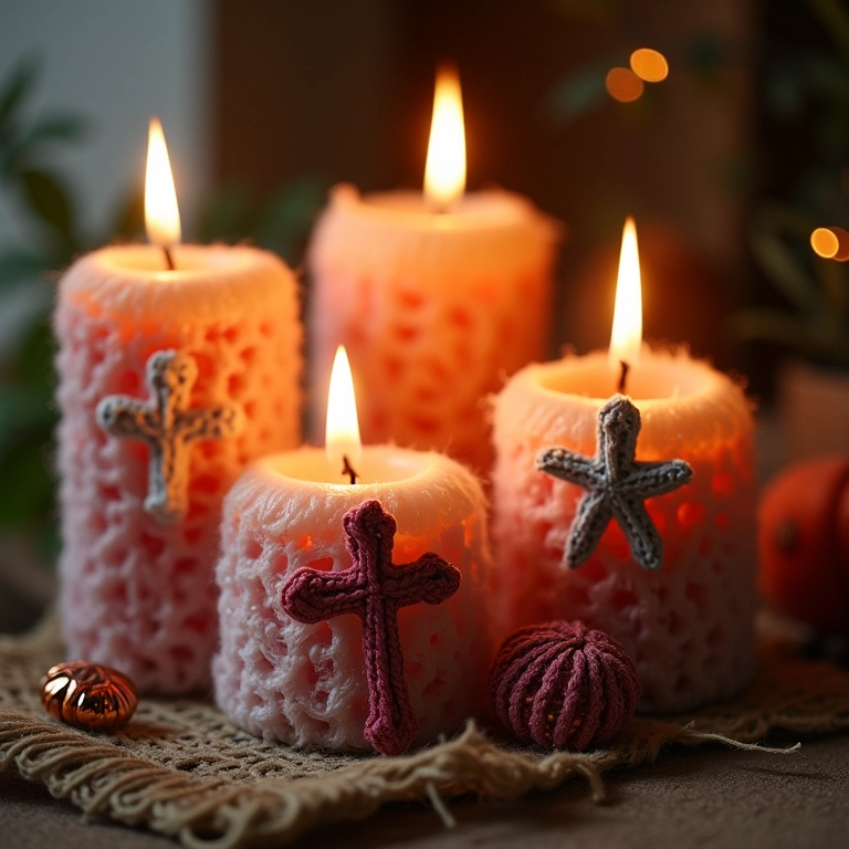 Velas artesanais de crochê decoradas para lembrancinha de Crisma.