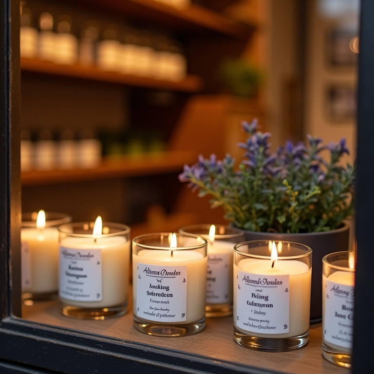 Velas artesanais de soja em vitrine de 'Atelier das Velas'.