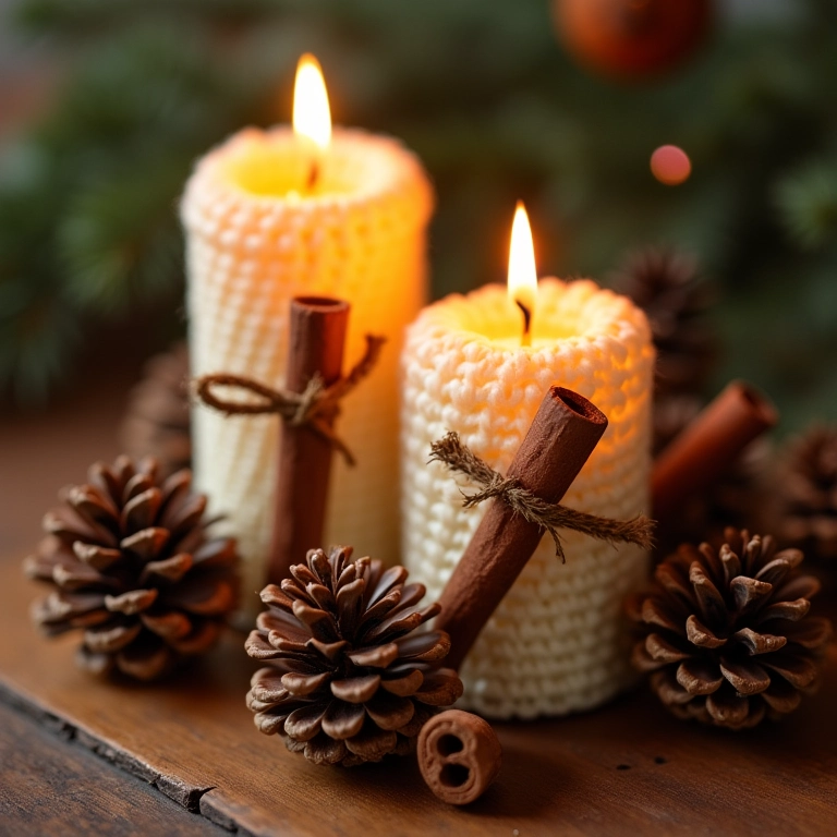 Velas decoradas com canela e detalhes em amigurumi.