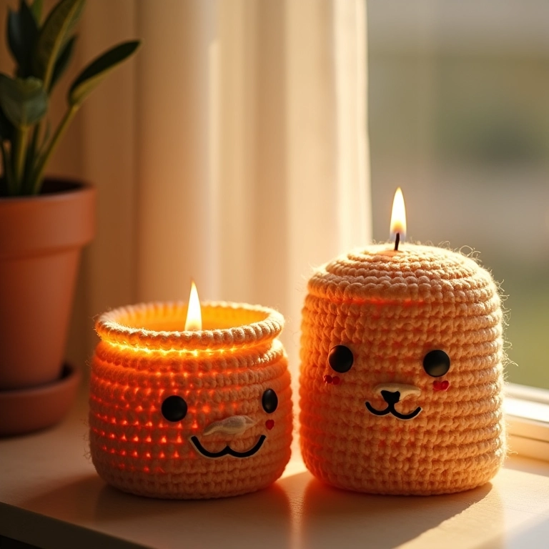 Velas decoradas com crochê em potes de vidro reciclados.