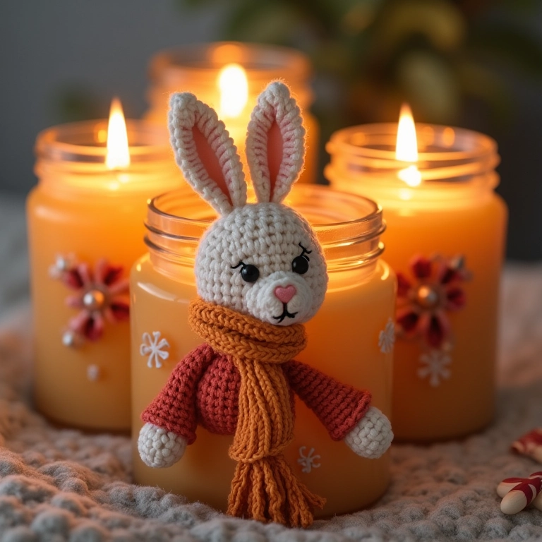 Velas decoradas de amigurumi com potes de vidro.