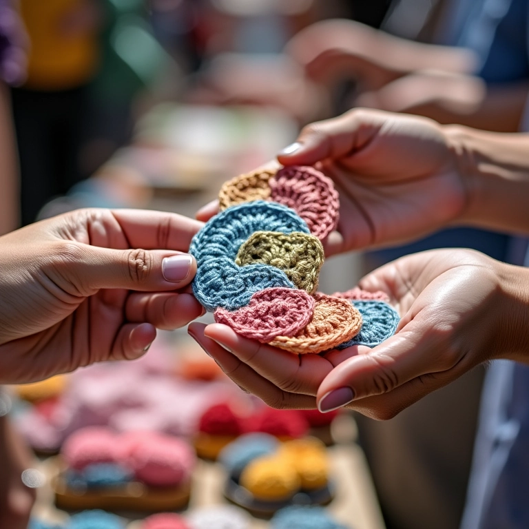 Vendendo artesanato de crochê com CD.