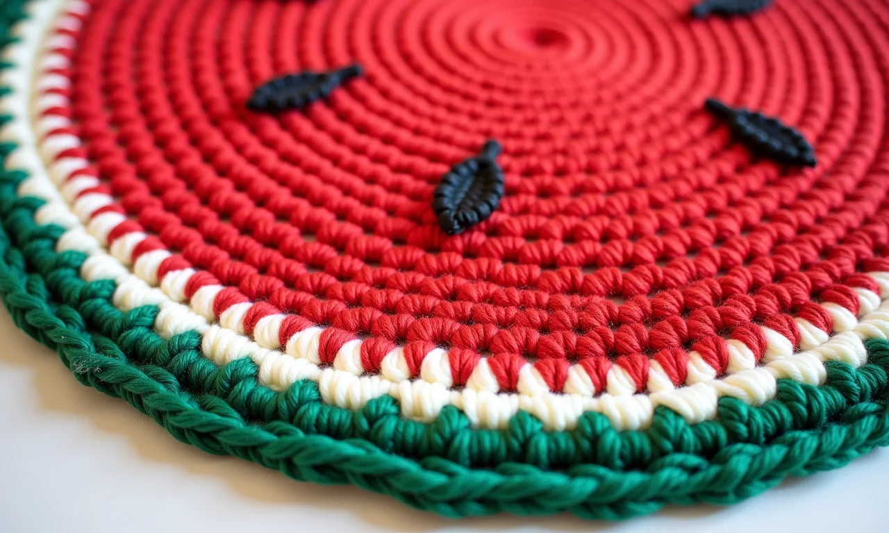 Acabamento e sementes do tapete de crochê de melancia.