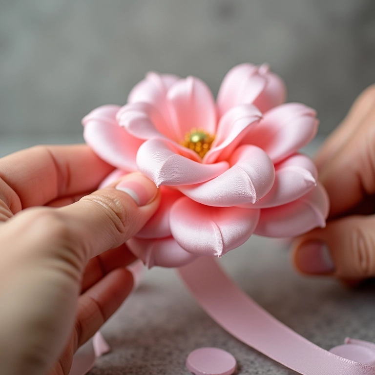 Acabamento impecável em flor de fita de cetim.