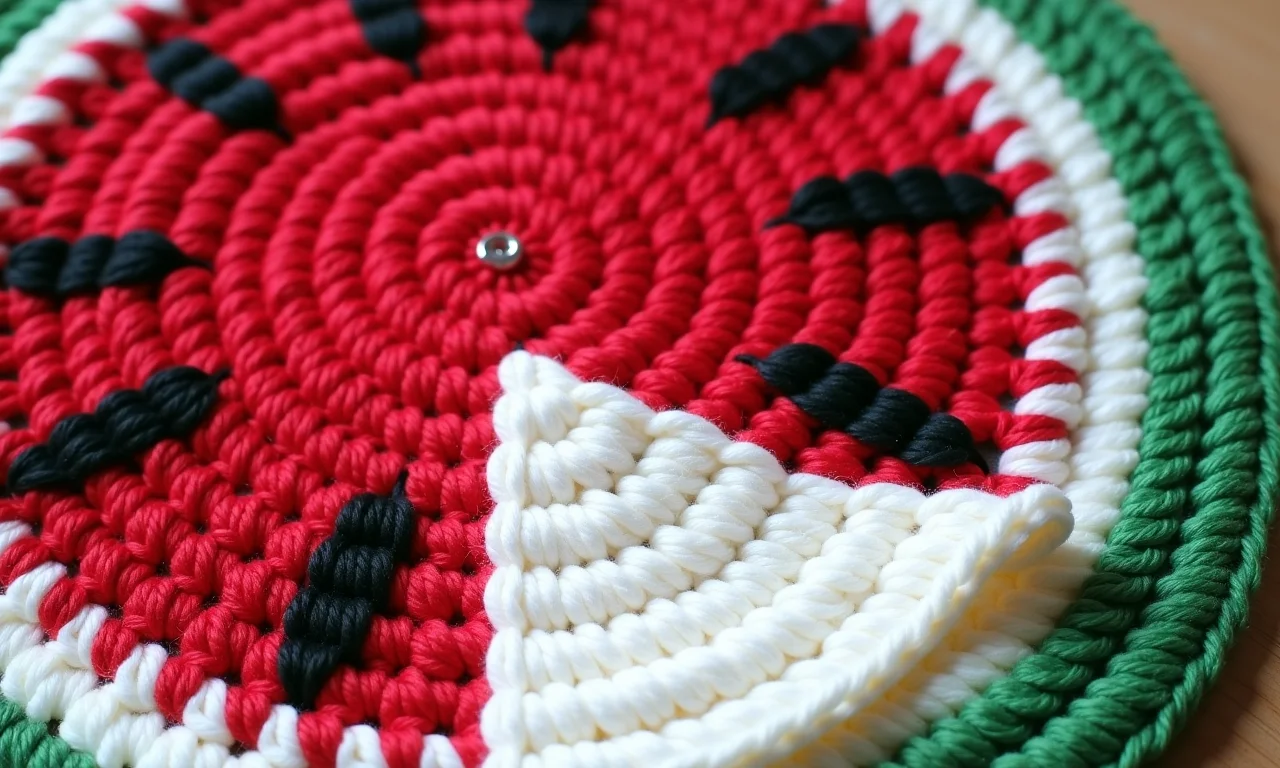 Adição da camada branca ao tapete de crochê de melancia.