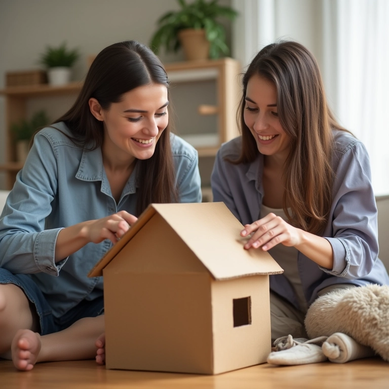 Adultos e uma senhora montando uma casinha de papelão juntos, diversão para todas as idades.
