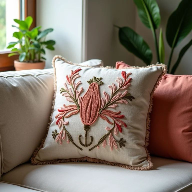 Almofada bordada com ponto alinhavo decorando uma sala.