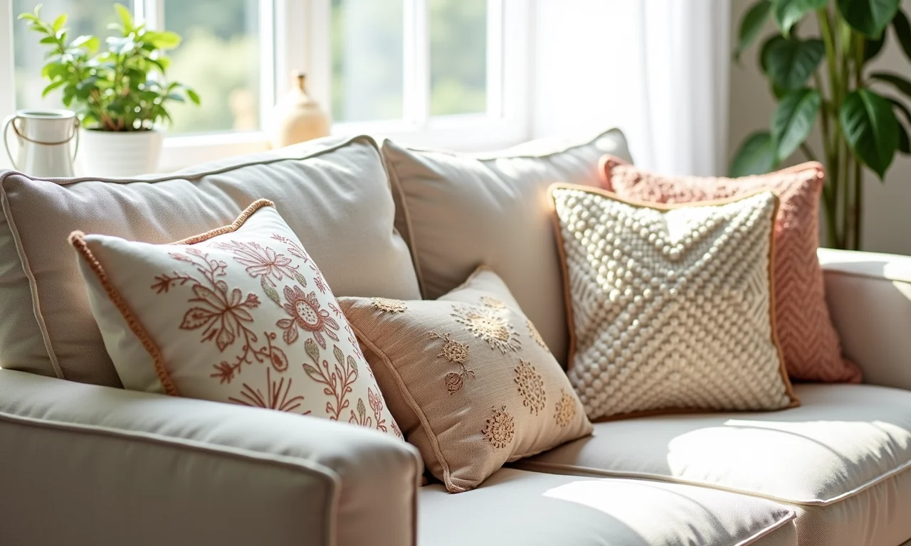 Almofadas de bordado e crochê feitas à mão em um sofá de linho.