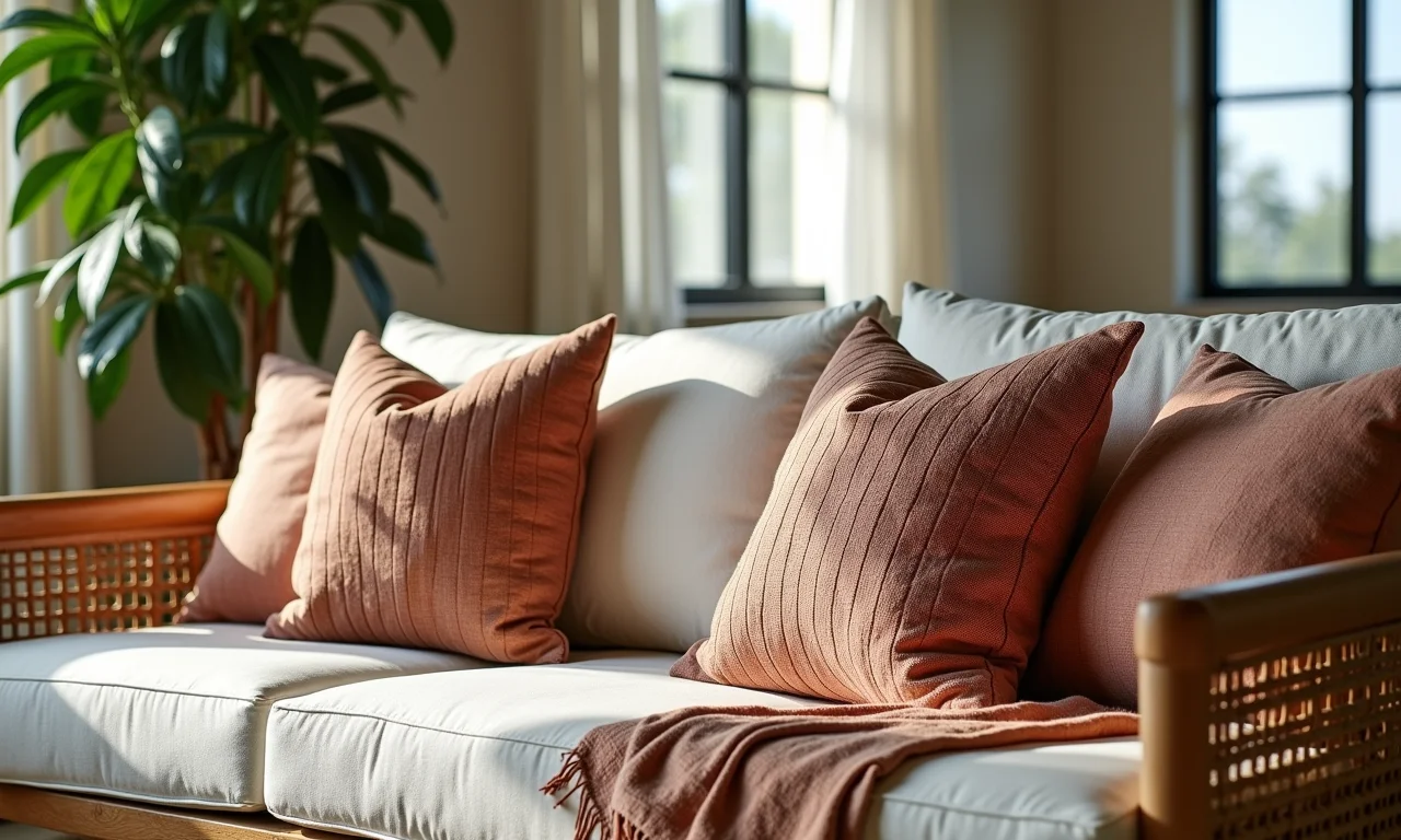 Almofadas personalizadas com ponto russo decorando sofá.