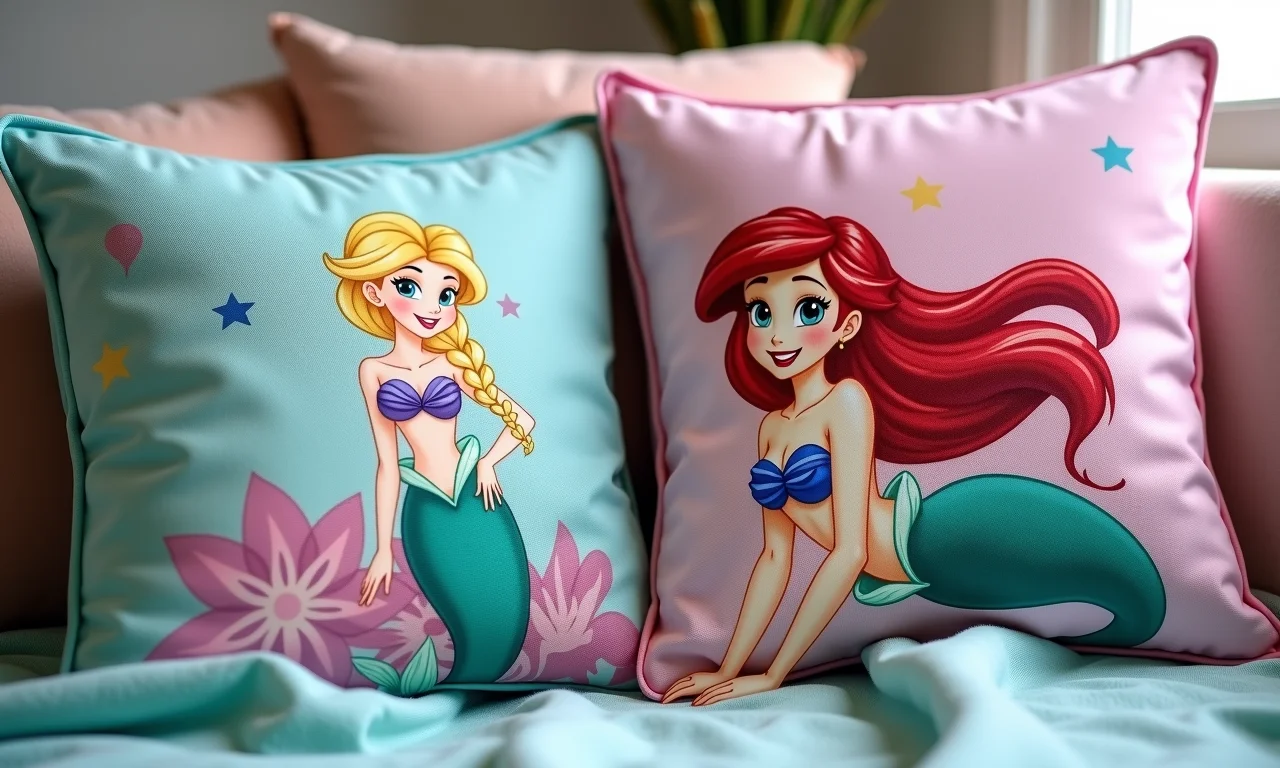 Almofadas personalizadas com tema da Ariel e cores vibrantes.