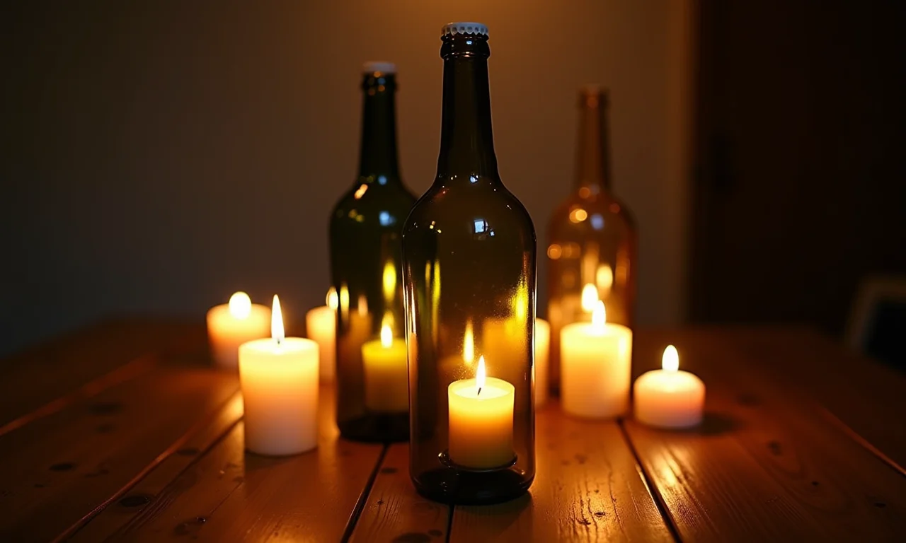 Ambiente romântico à luz de velas, com garrafas de vidro servindo como castiçais.