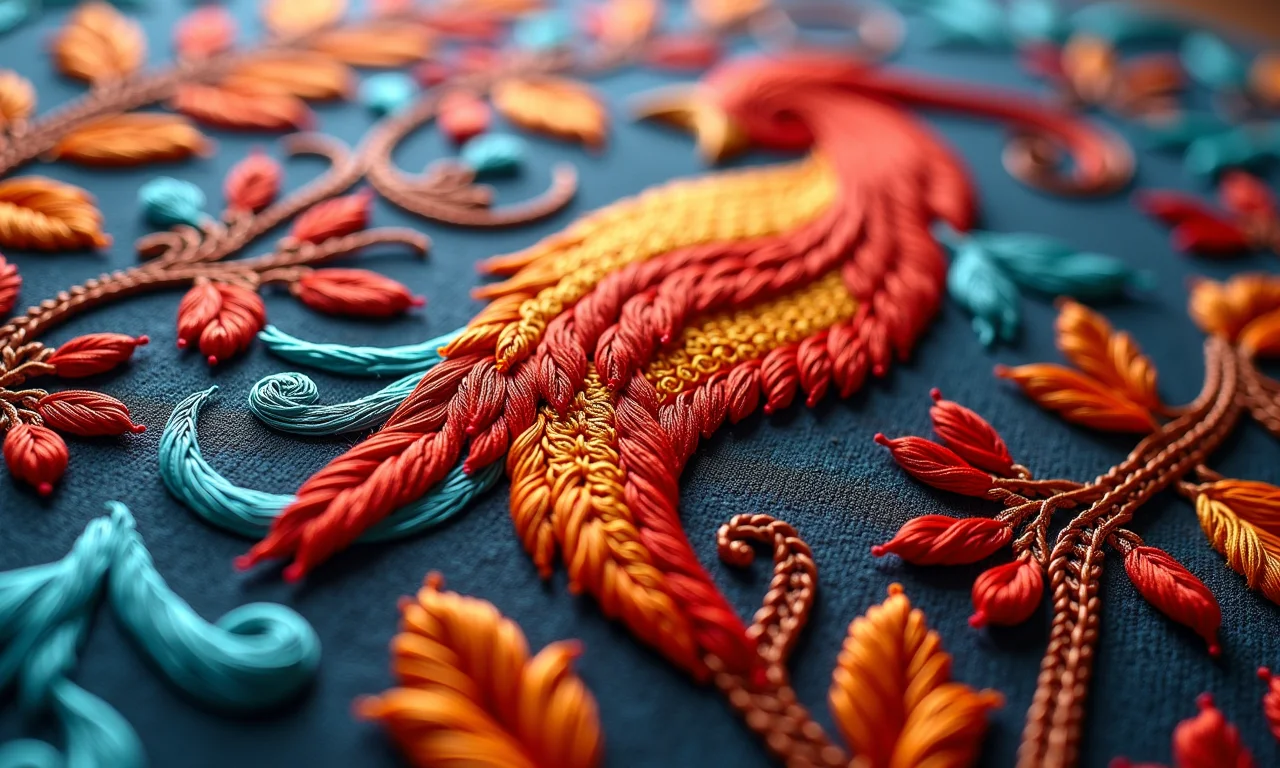 Amostra de bordado com contornos elegantes feitos com ponto mosca.