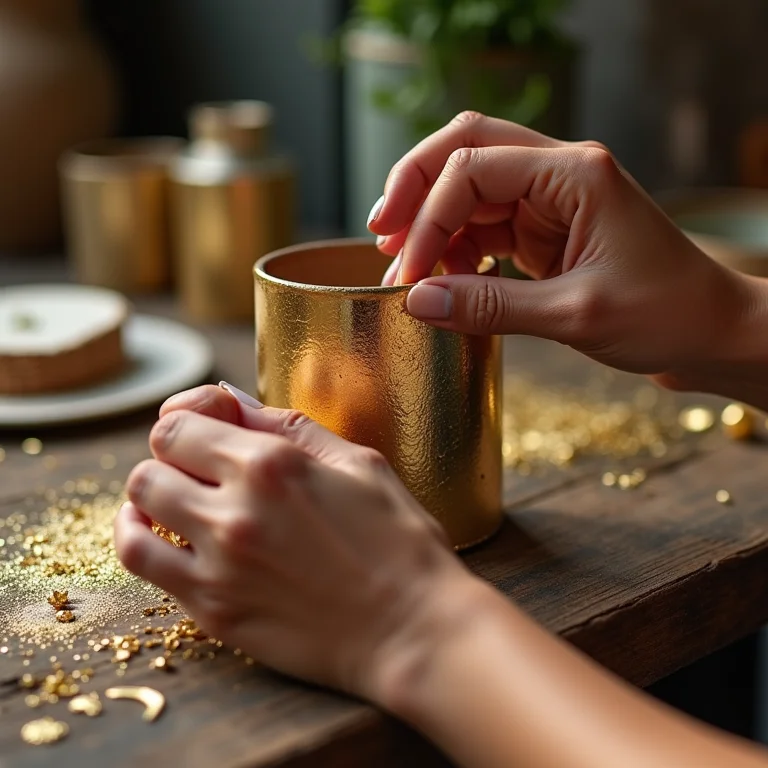 Aplicando folha de ouro em artesanato de rolinho de papel