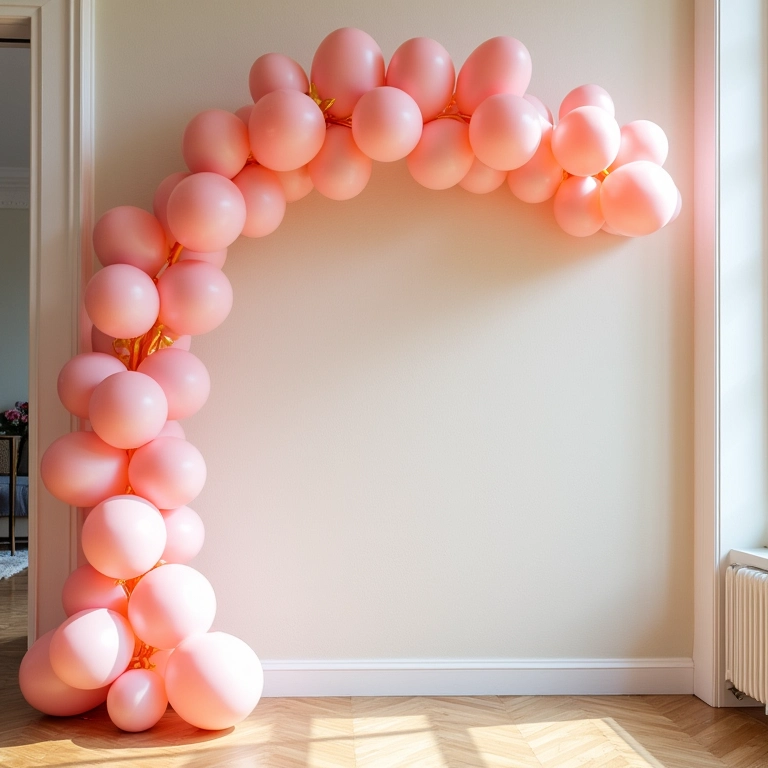 Arco de balões em tons pastel para decoração de chá de bebê.