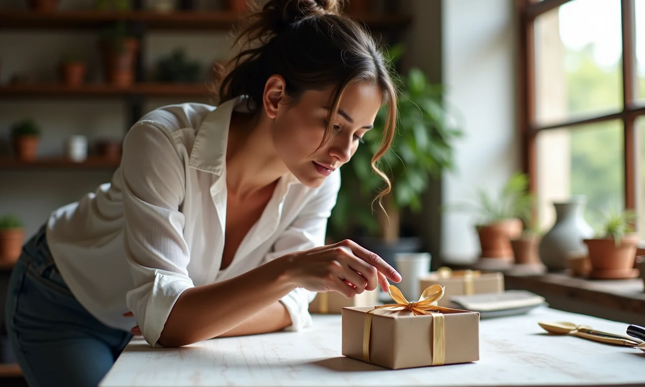 Arquiteta explicando detalhes de lembrancinha de casamento.