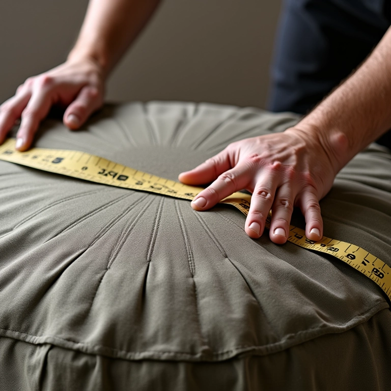 Arquiteta medindo tecido para puff de pneu redondo com padrões brasileiros.